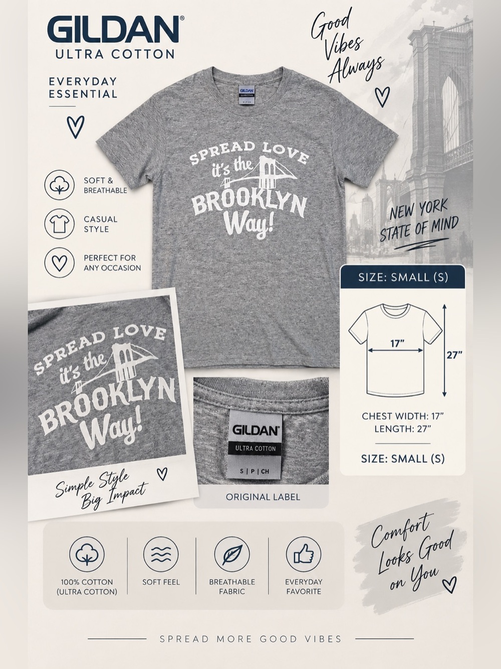 Gildan Ultra Cotton Brooklyn Way Graphic T-Shirt Gray Unisex Adult Size
